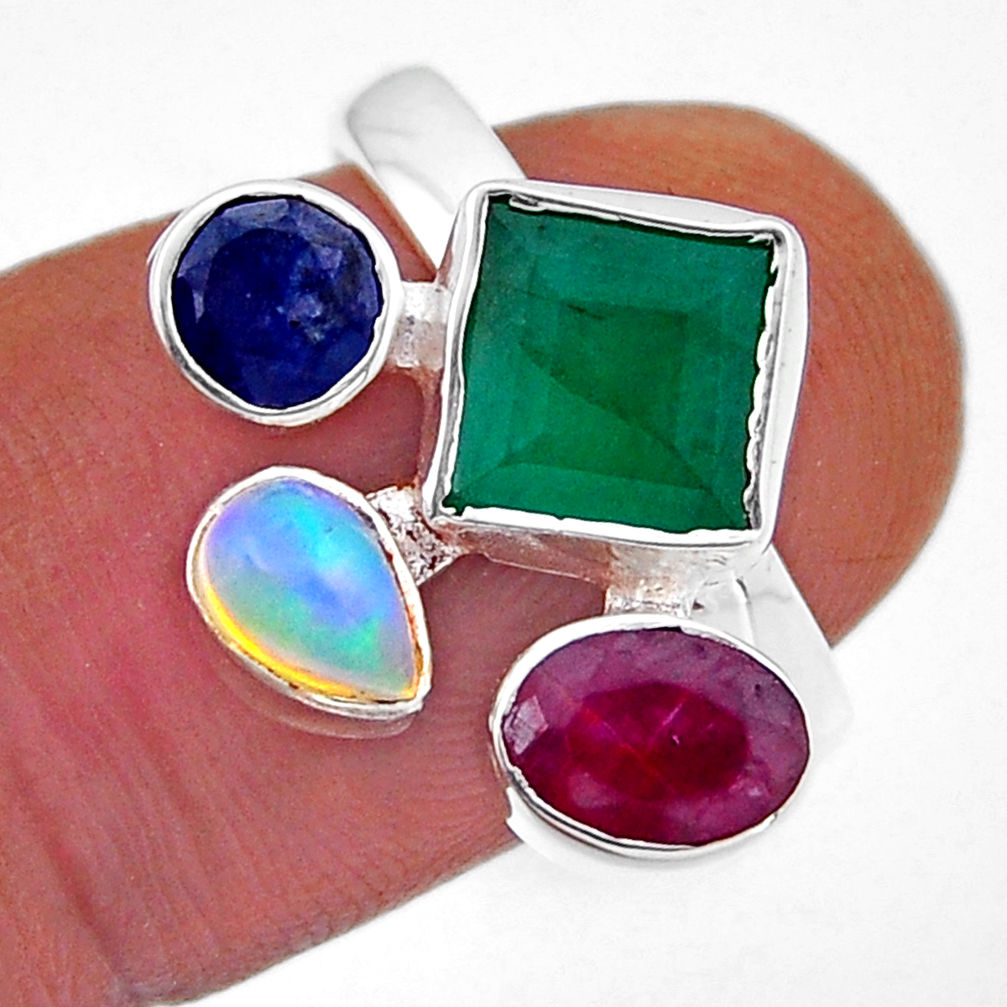 5.94cts natural emerald ethiopian opal ruby sapphire silver ring size 7 n49532