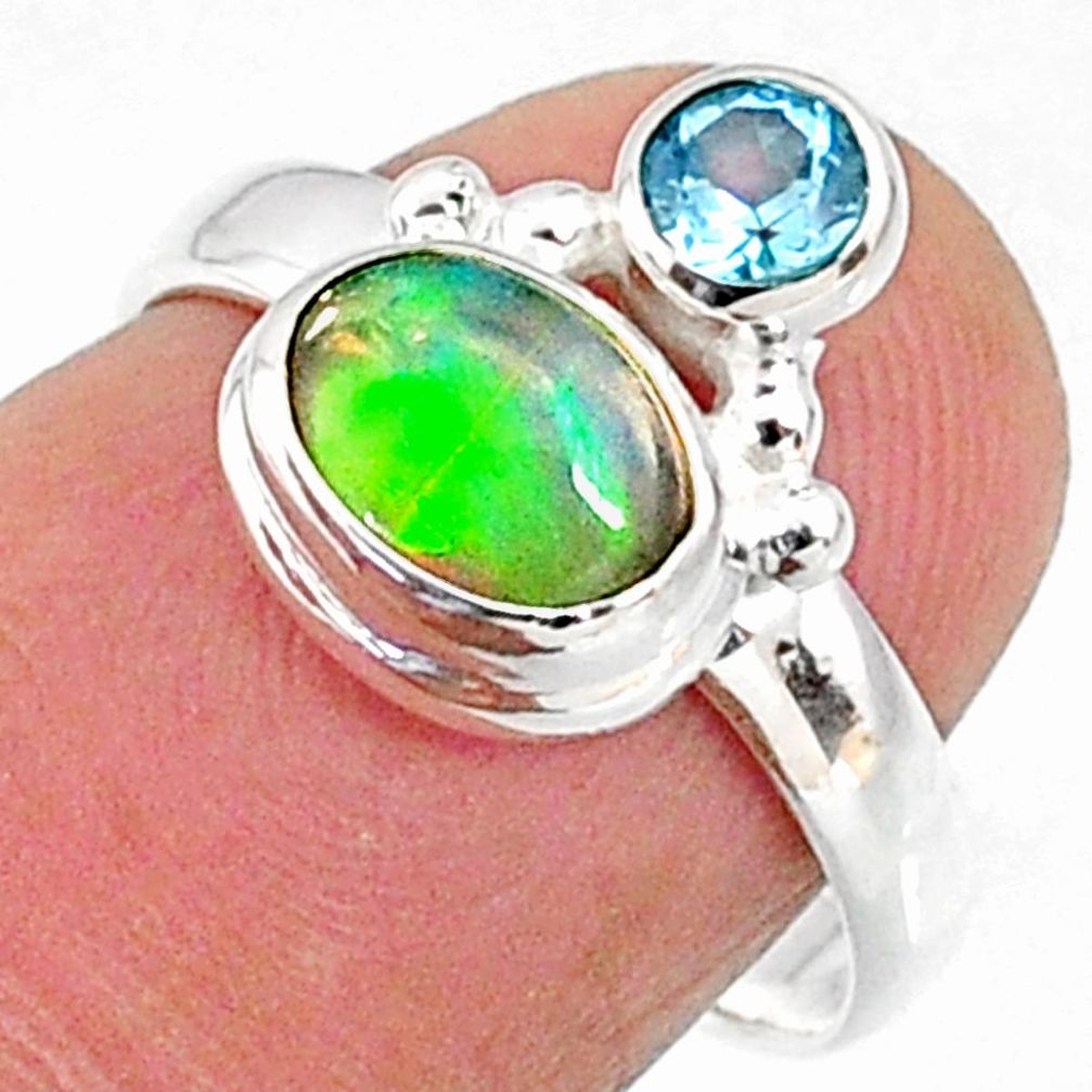 2.75cts natural ethiopian opal oval blue topaz 925 silver ring size 8 r65561
