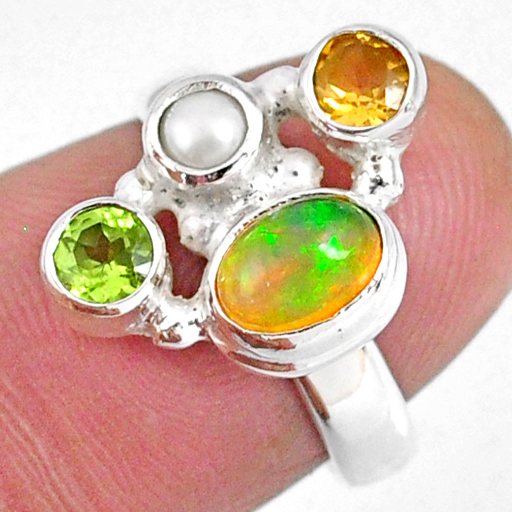 3.82cts natural ethiopian opal oval citrine pearl 925 silver ring size 6 r59194