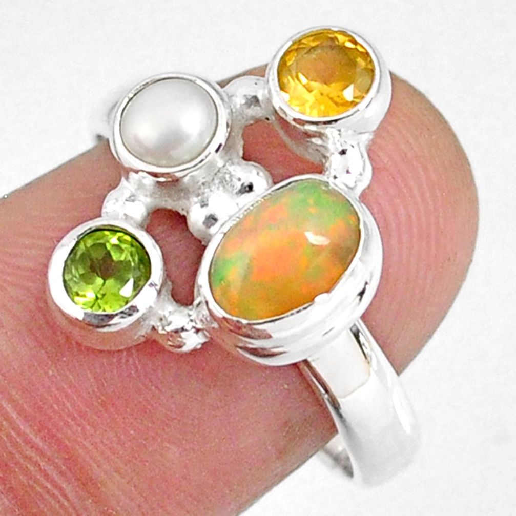 3.83cts natural ethiopian opal oval citrine pearl 925 silver ring size 8 r59210