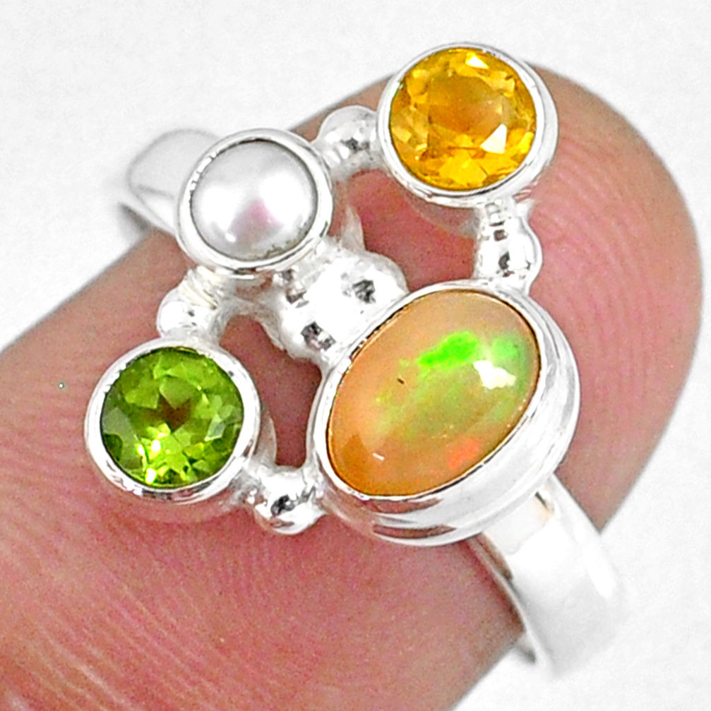 3.83cts natural ethiopian opal pearl citrine 925 silver ring size 7.5 r59188