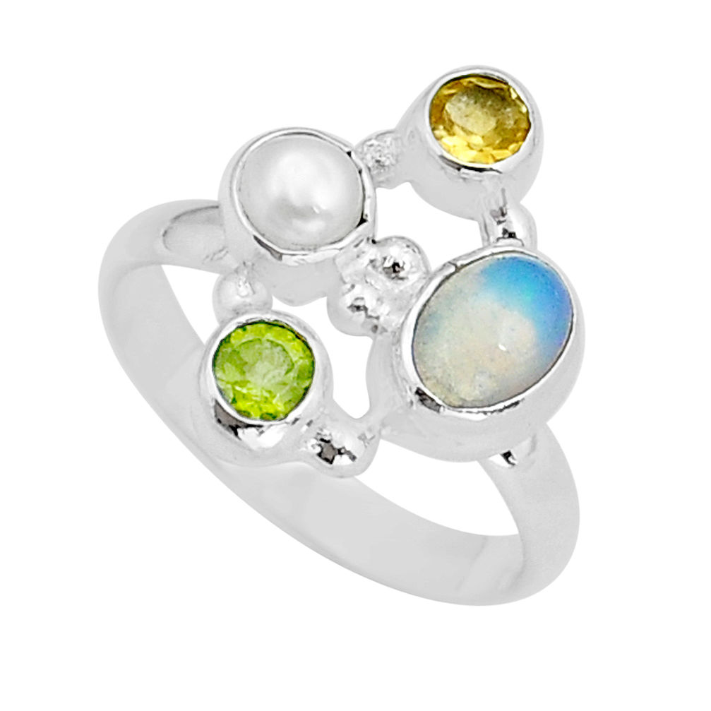 3.14cts natural ethiopian opal peridot citrine pearl silver ring size 7.5 y16847