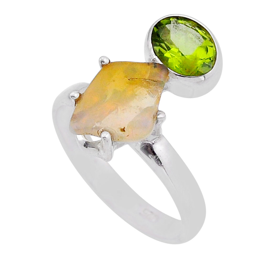 5.23cts natural ethiopian opal rough peridot 925 silver ring size 8.5 n50042