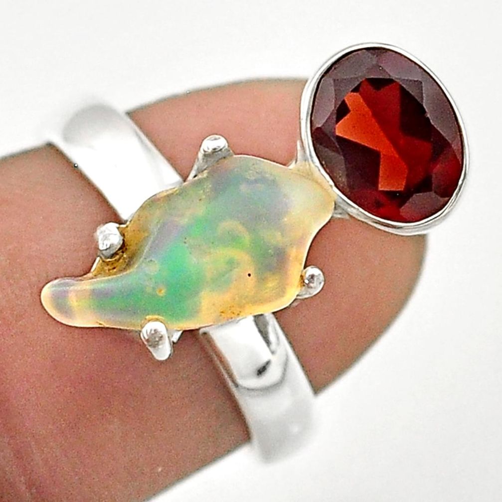 7.67cts natural ethiopian opal rough red garnet 925 silver ring size 7 t70382