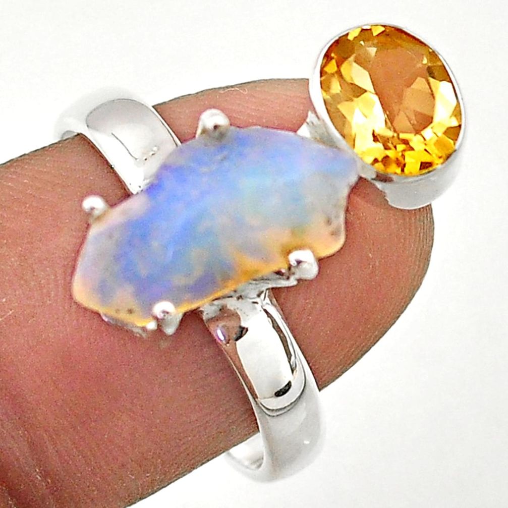 7.67cts natural ethiopian opal rough yellow citrine silver ring size 8.5 t70393