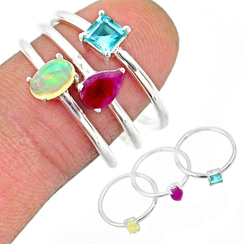 3.13cts natural ethiopian opal ruby topaz 925 silver 3 rings size 7.5 r85161