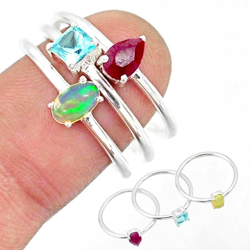 3.14cts natural ethiopian opal ruby topaz 925 silver 3 rings size 7.5 r85167