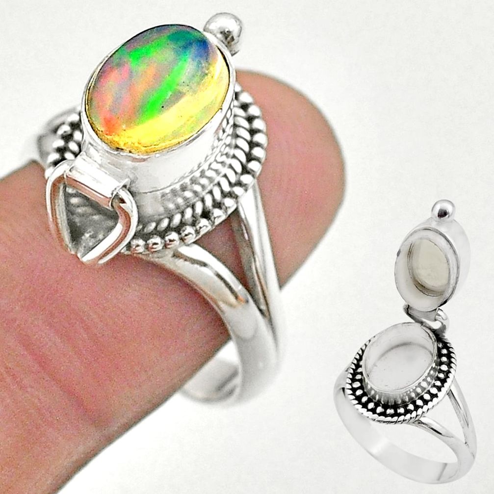 3.28cts natural ethiopian opal silver poison box ring jewelry size 9 t45398