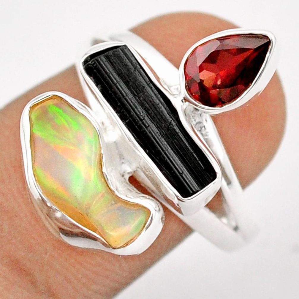 10.31cts natural ethiopian opal tourmaline rough garnet silver ring size 8 u6671