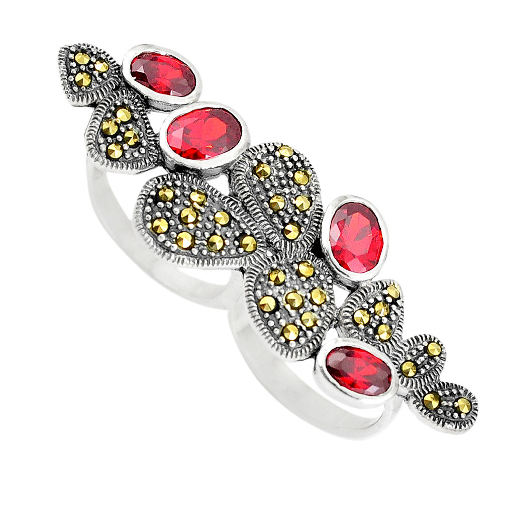 LAB 6.75cts natural red garnet marcasite 925 sterling silver ring size 6 c16009