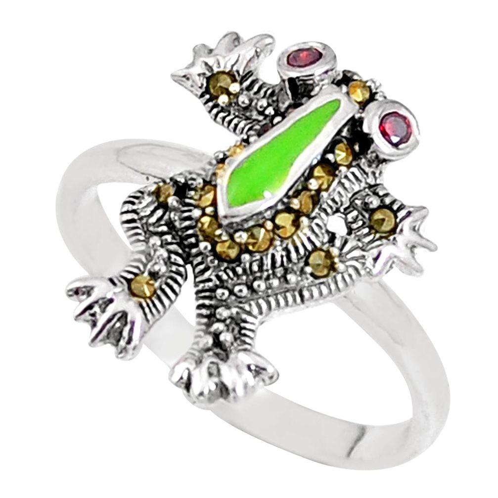 0.35cts natural garnet marcasite enamel silver frog ring size 7 a93595 c24873