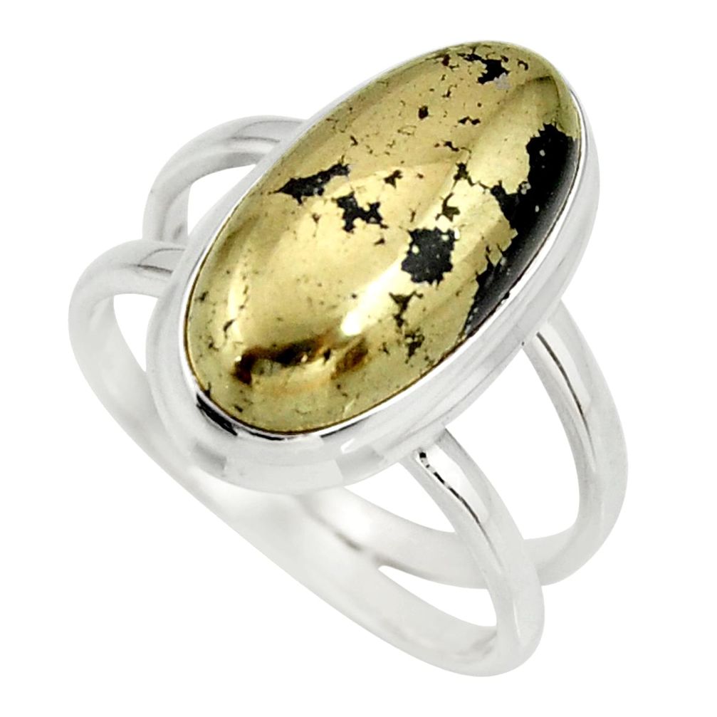 6.96cts natural golden pyrite in magnetite silver solitaire ring size 8.5 r27222