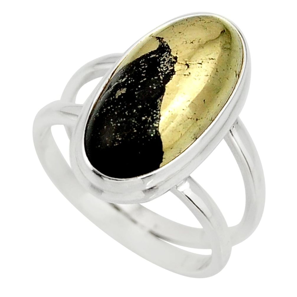 6.54cts natural golden pyrite in magnetite silver solitaire ring size 7.5 r27223