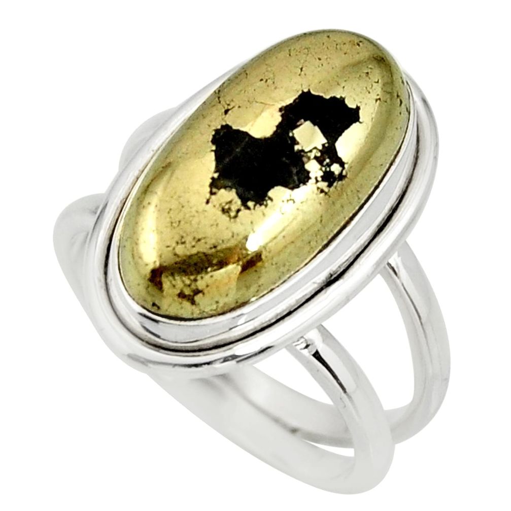 6.35cts natural golden pyrite in magnetite silver solitaire ring size 7.5 r27227