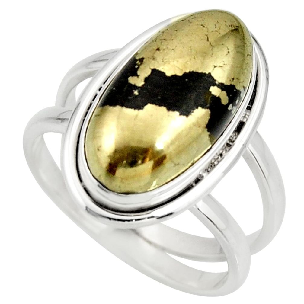 6.51cts natural golden pyrite in magnetite silver solitaire ring size 8.5 r27228