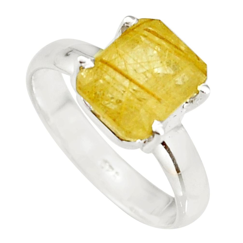 4.22cts natural golden rutile 925 sterling silver faceted ring size 8 r19146