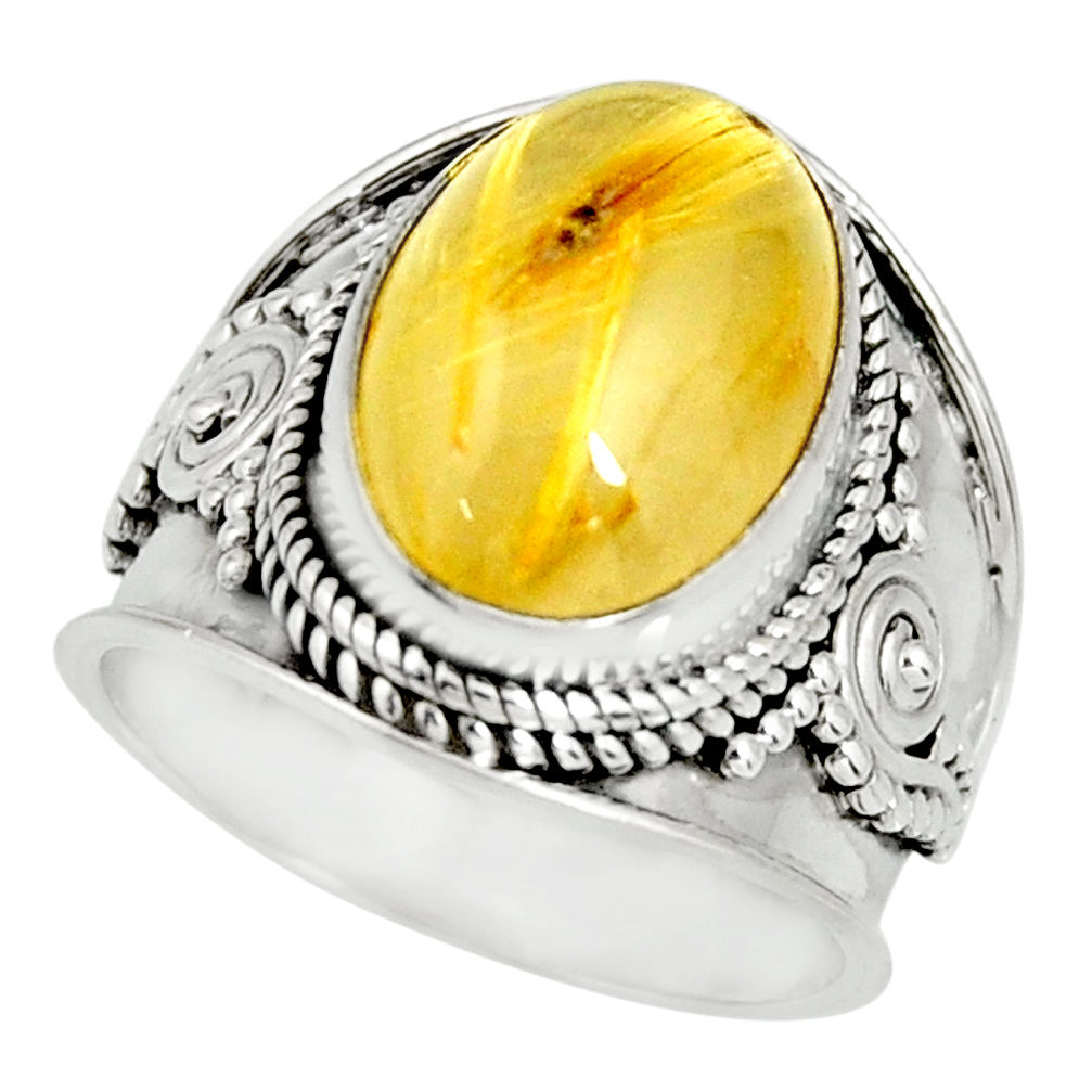 6.80cts natural golden rutile 925 sterling silver solitaire ring size 6.5 r27560