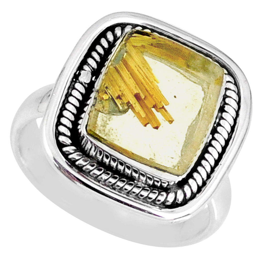 6.26cts natural golden star rutilated quartz 925 silver ring size 7.5 r60379