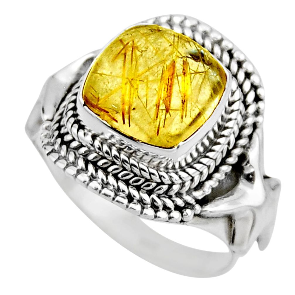 5.30cts natural golden tourmaline rutile silver solitaire ring size 7.5 r53413