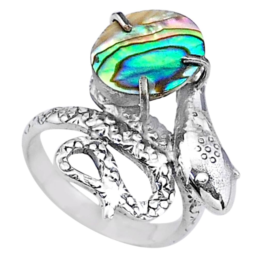 4.21cts natural green abalone paua seashell 925 silver snake ring size 7 t16030