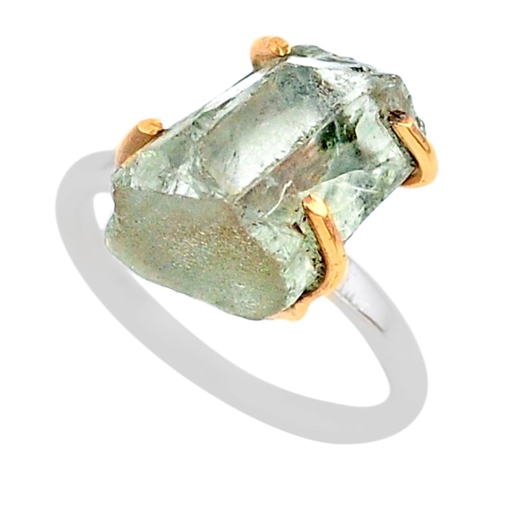 7.22cts natural green amethyst raw 925 silver 14k gold ring size 7 t47134