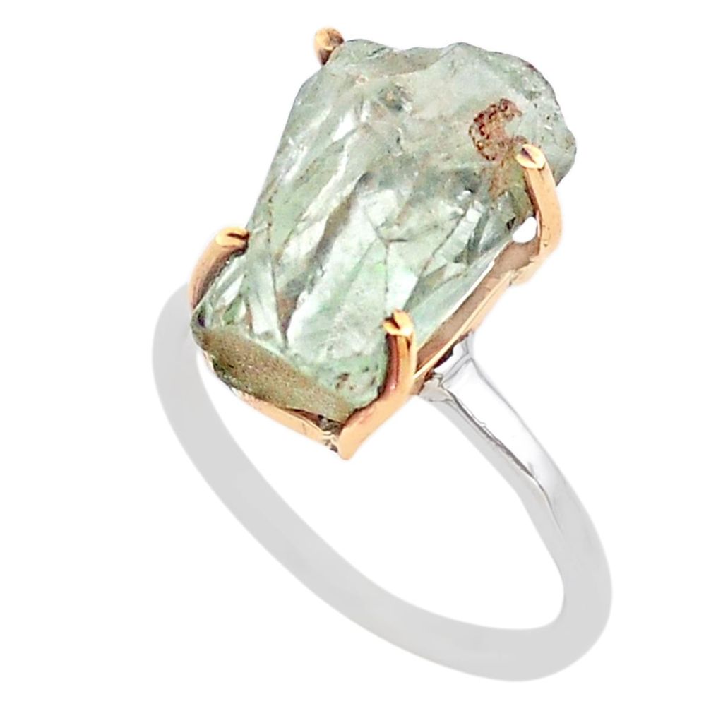7.50cts natural green amethyst raw 925 silver 14k gold ring size 8 t47133