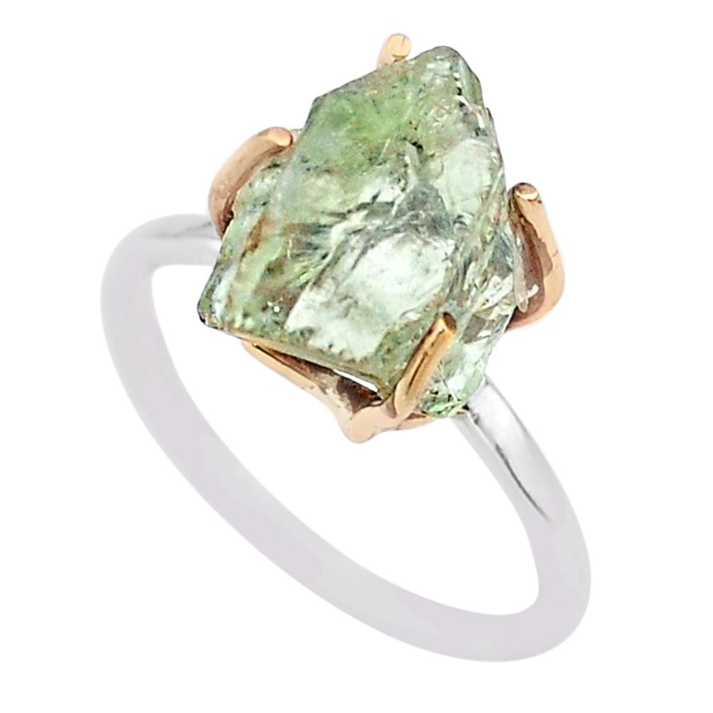 6.92cts natural green amethyst raw 925 silver 14k gold ring size 9 t47136