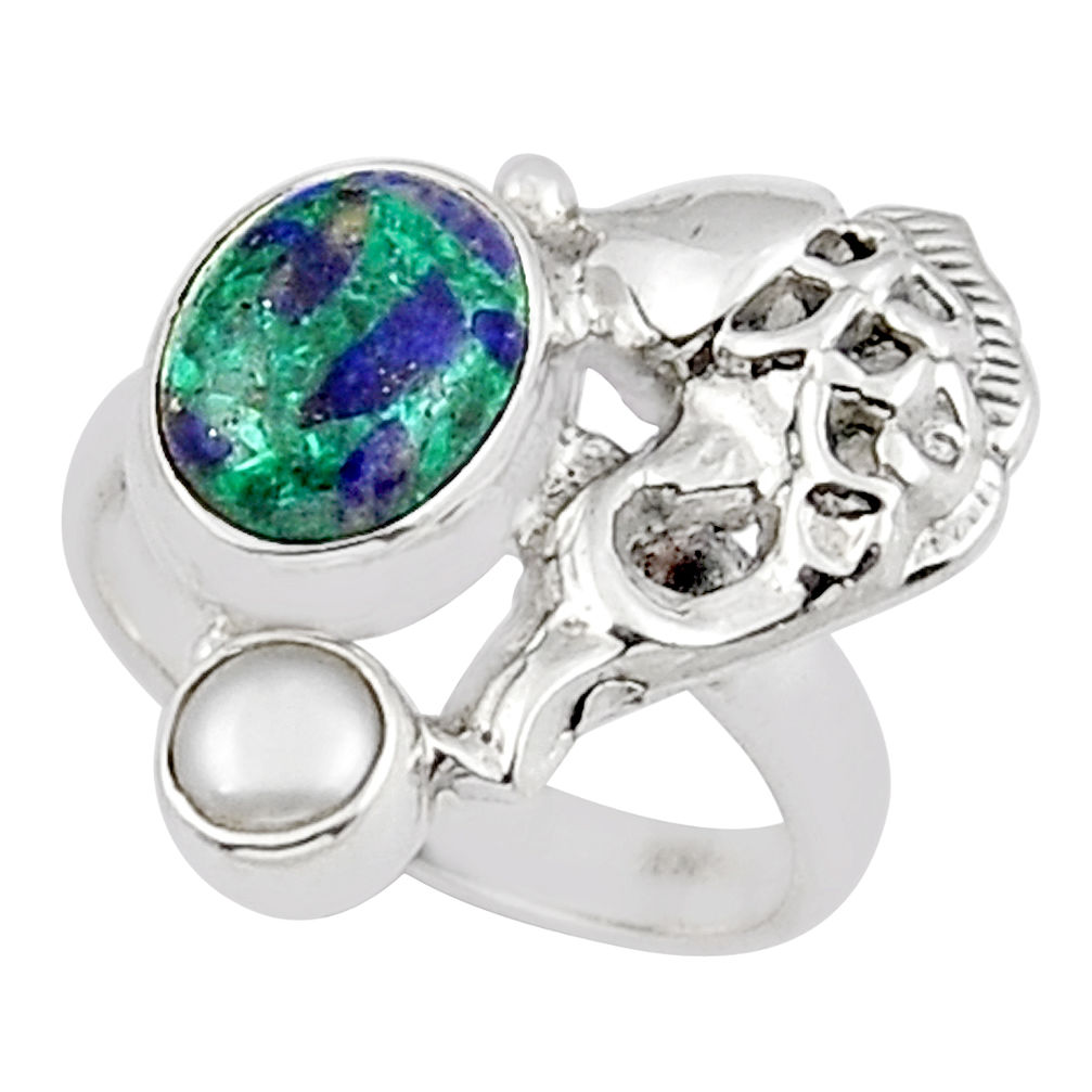 5.06cts natural green azurite malachite pearl 925 silver fish ring size 7 y24227
