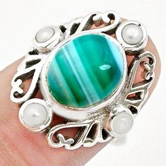 6.63cts natural green botswana agate pearl 925 silver ring size 6.5 d48073