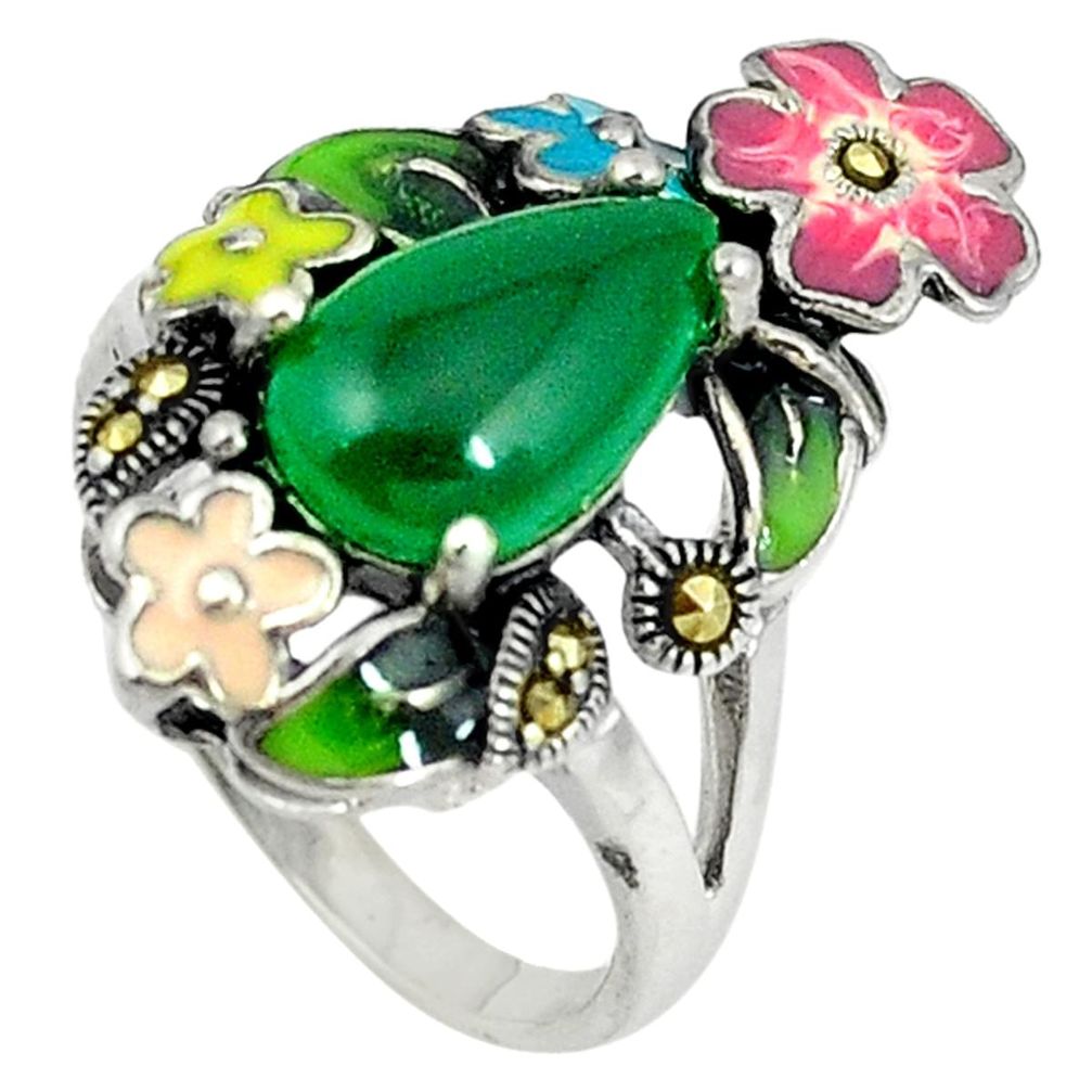 Natural green chalcedony marcasite 925 silver flower ring size 6.5 c15993
