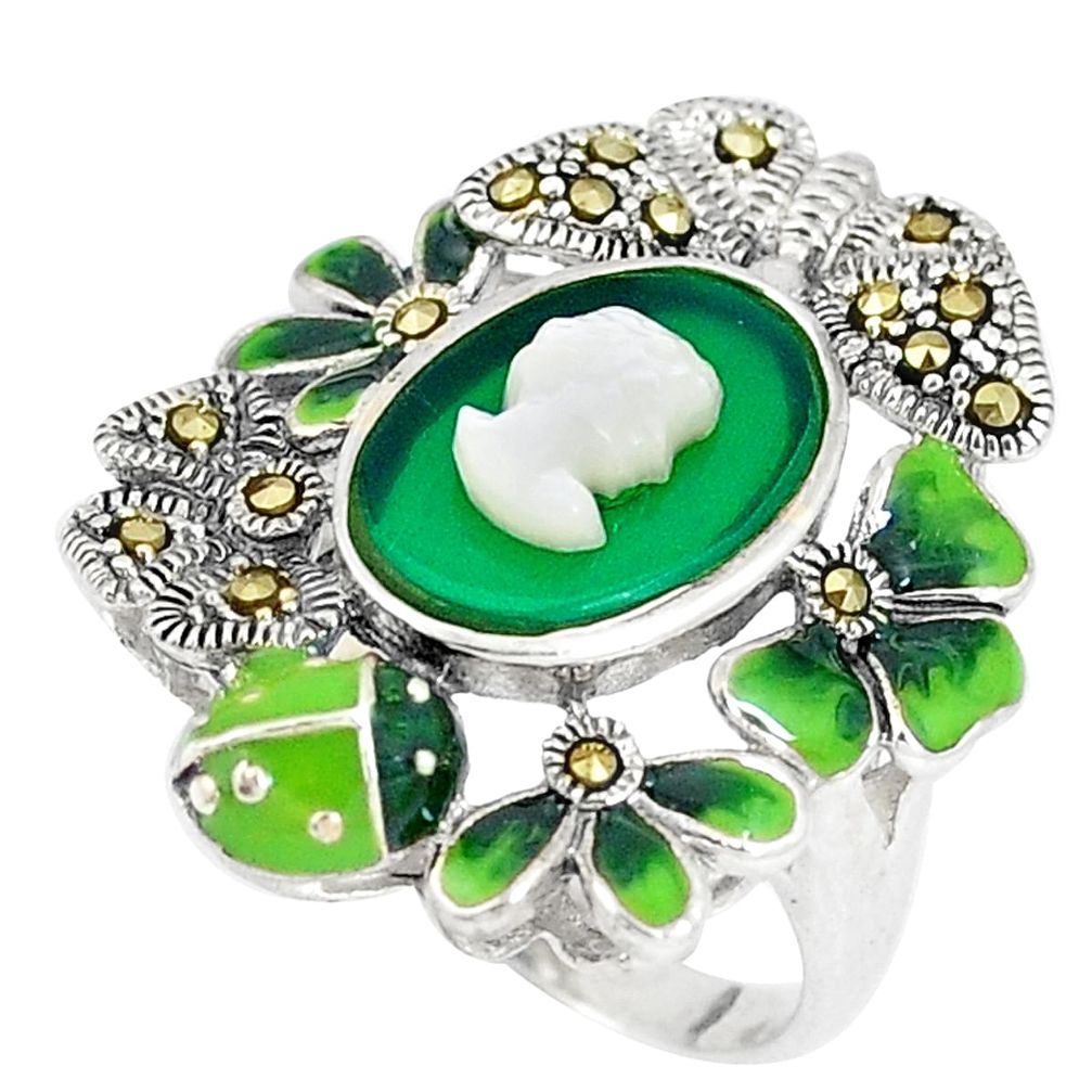 Natural green chalcedony marcasite 925 silver lady face ring size 6.5 c16260