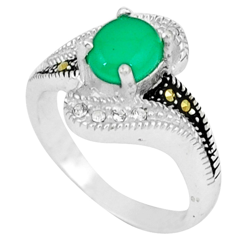 Natural green chalcedony marcasite 925 silver ring jewelry size 6.5 c17657