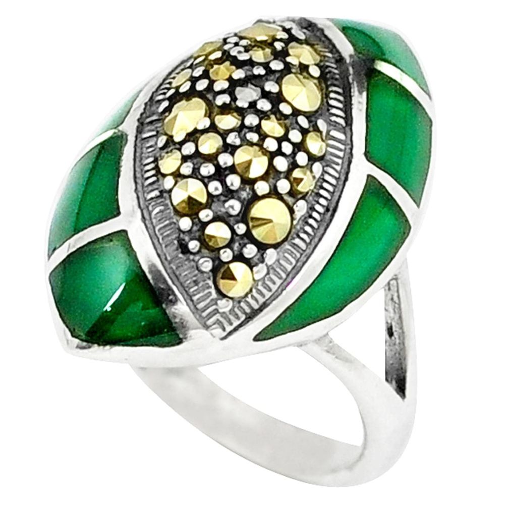 Natural green chalcedony marcasite 925 silver ring jewelry size 7.5 c16384