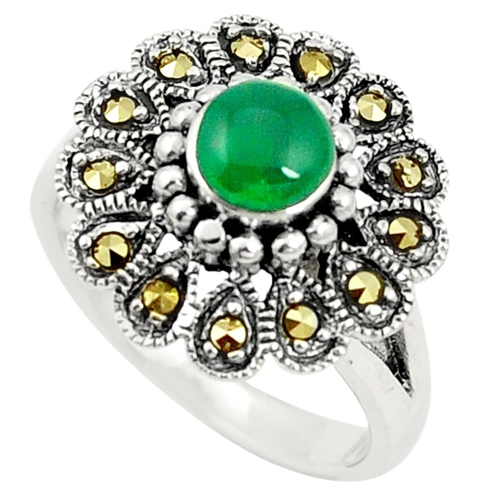 Natural green chalcedony marcasite 925 silver ring size 6.5 c17439