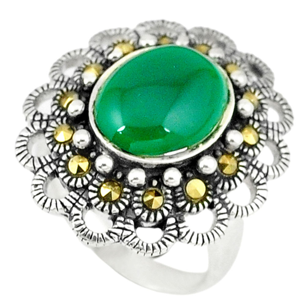5.30cts natural green chalcedony marcasite 925 silver ring size 6 c17496
