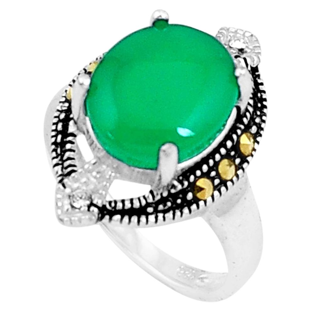 5.38cts natural green chalcedony marcasite 925 silver ring size 7 c23666