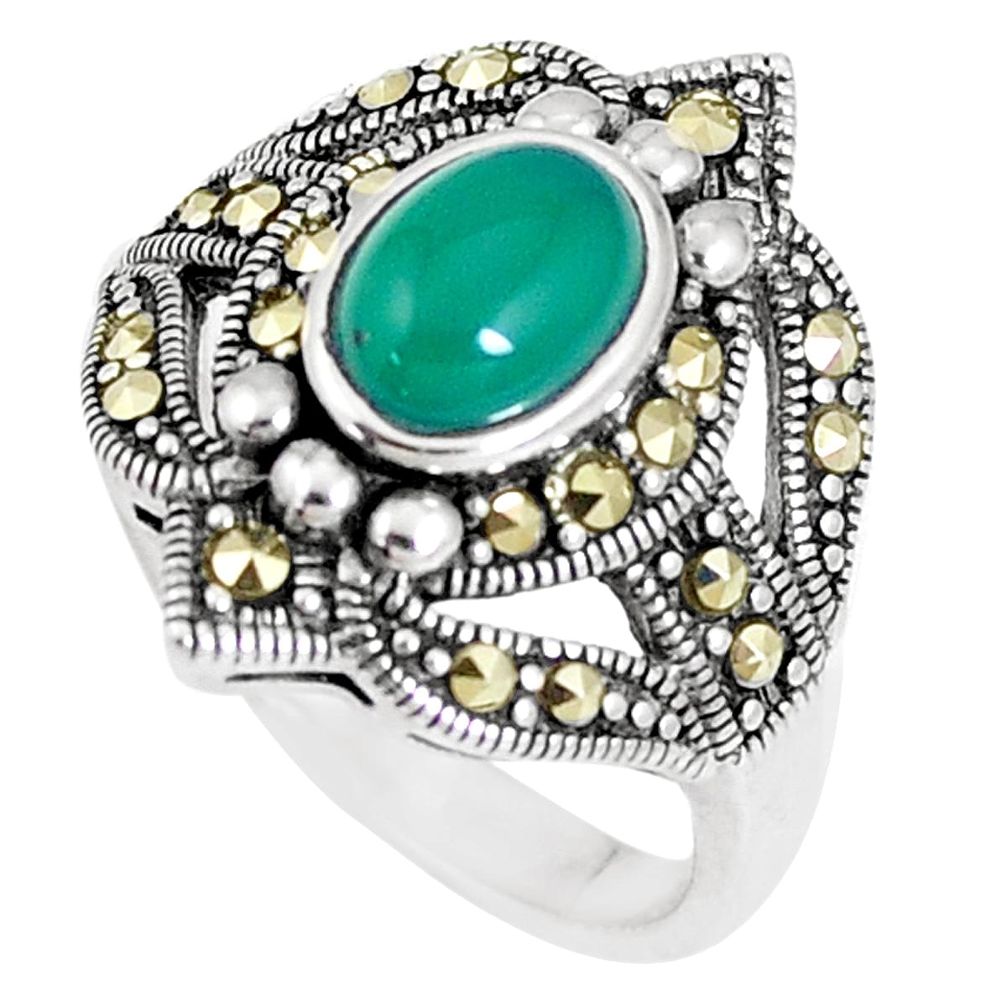 2.27cts natural green chalcedony marcasite 925 silver ring size 8 c16335