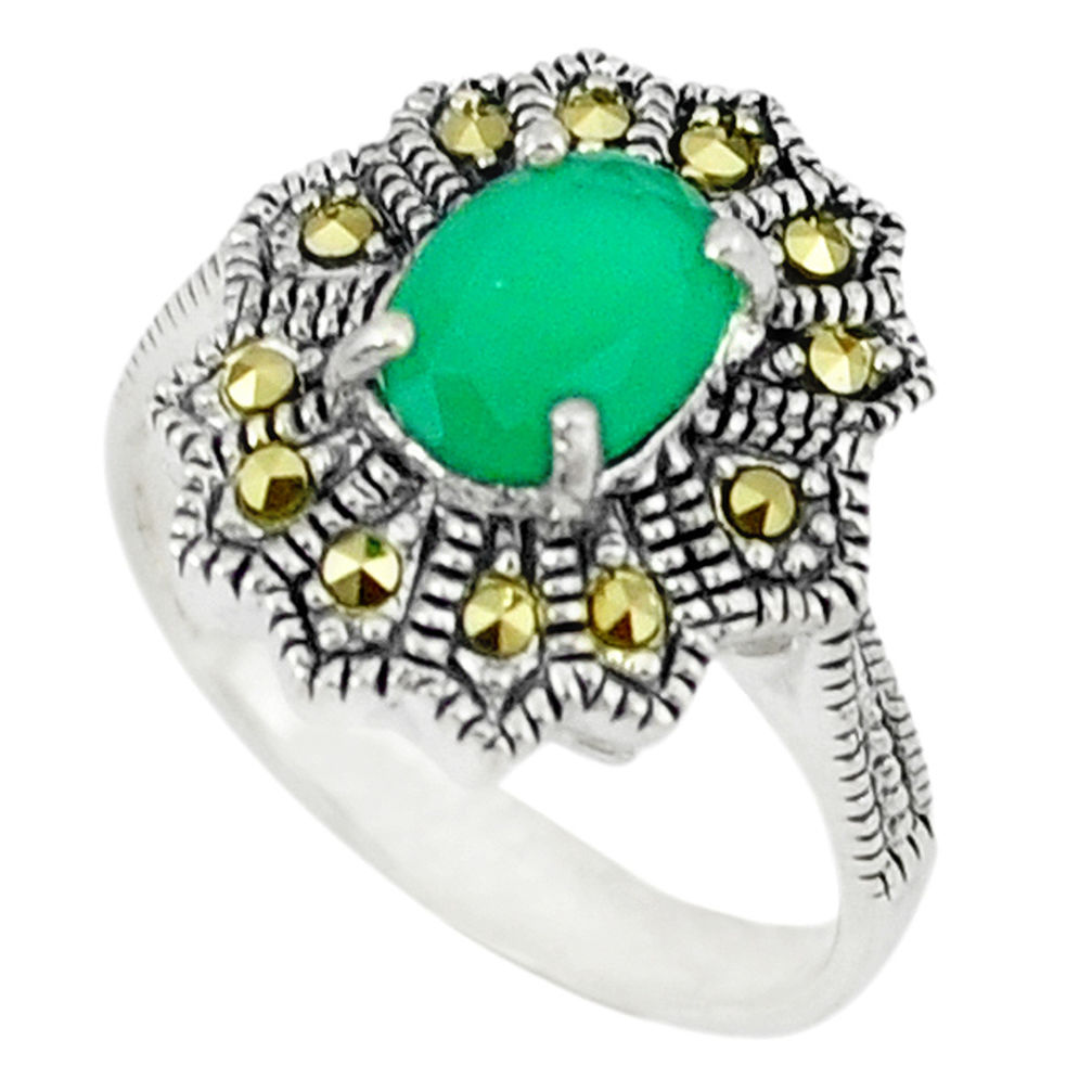Natural green chalcedony marcasite 925 sterling silver ring size 7 c17363