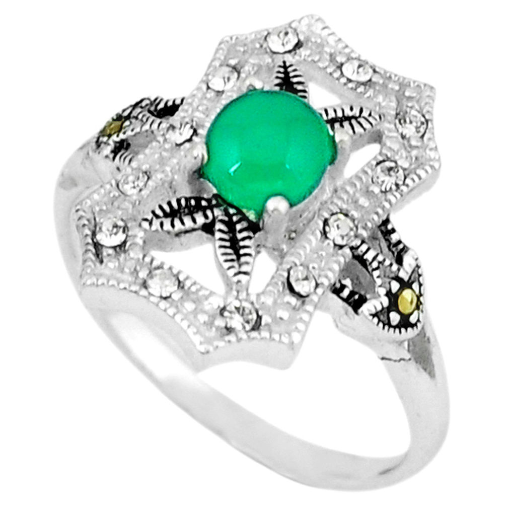 Natural green chalcedony marcasite 925 sterling silver ring size 9 c17626