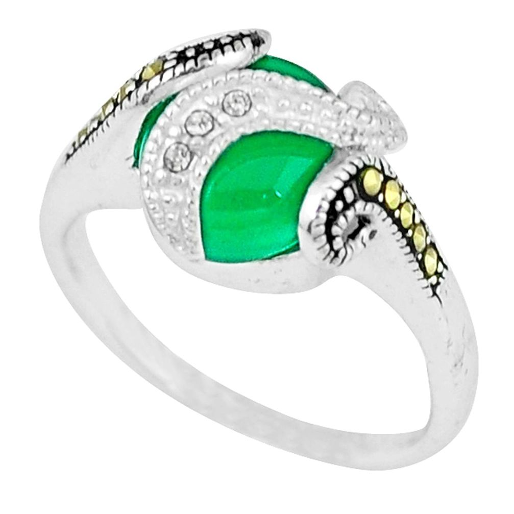 Natural green chalcedony marcasite 925 sterling silver ring size 9 c22092