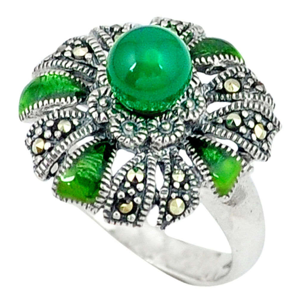 Natural green chalcedony marcasite enamel 925 silver ring size 6.5 c18630