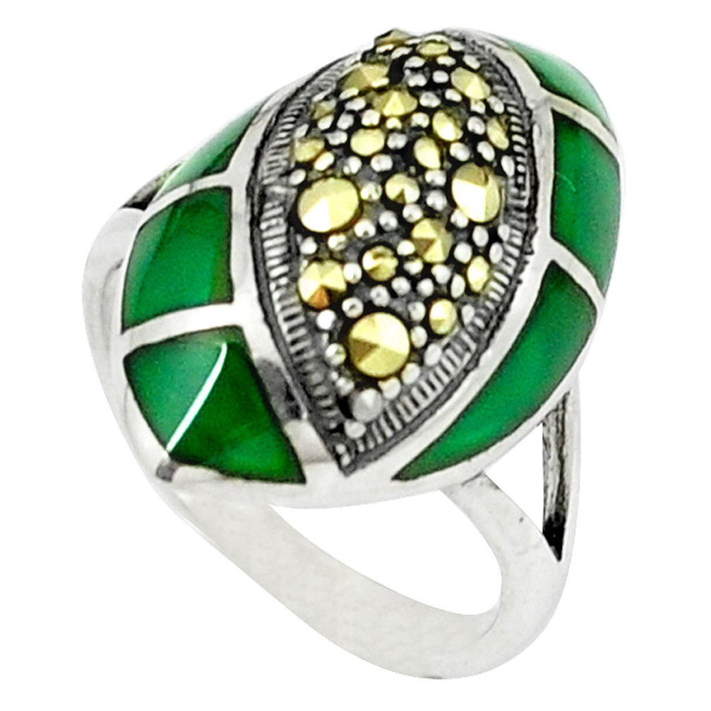 5.97cts natural green chalcedony marcasite 925 silver ring size 6.5 c18754