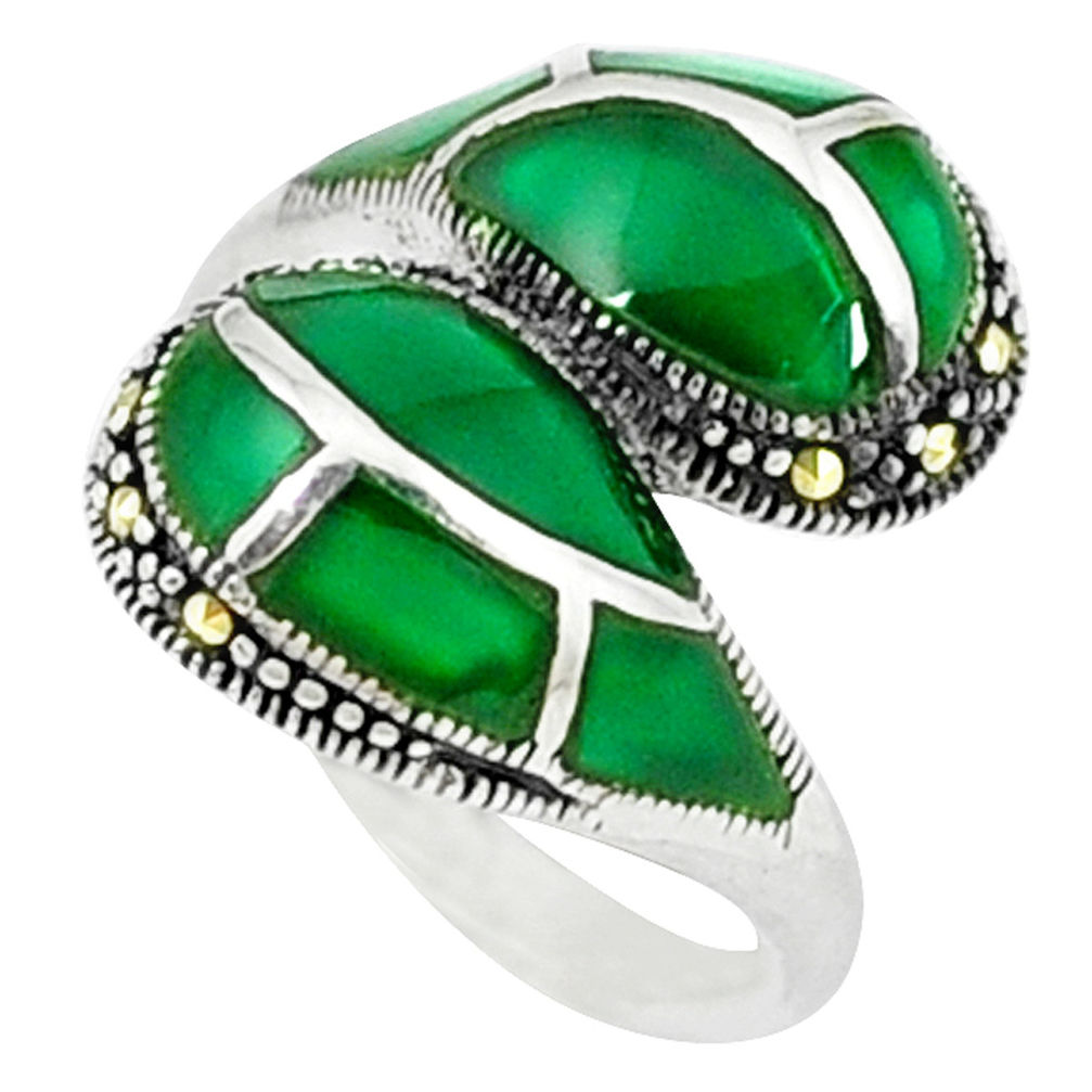 5.11cts natural green chalcedony marcasite 925 silver ring size 6.5 c18673