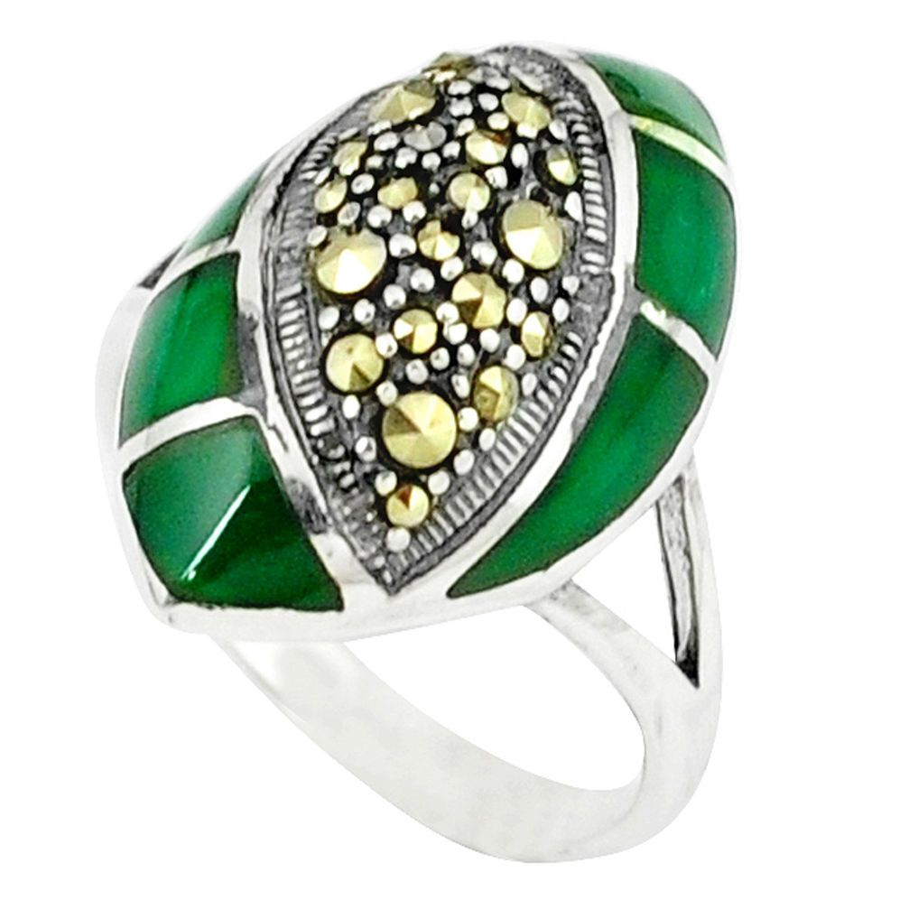 5.31cts natural green chalcedony marcasite 925 silver ring size 7.5 c18753