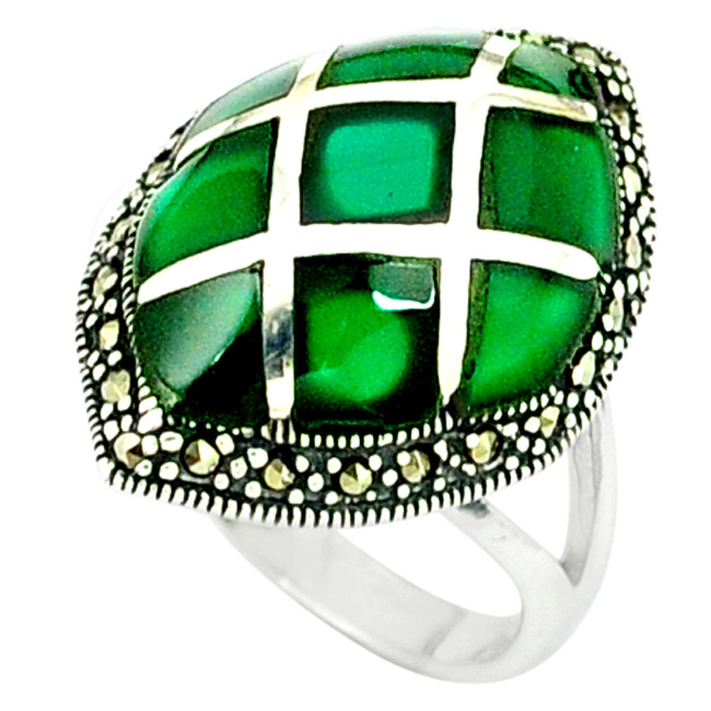 4.22cts natural green chalcedony marcasite 925 silver ring size 6.5 c18742