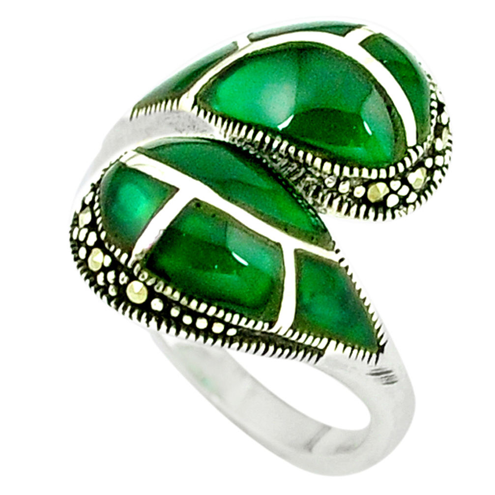 4.70cts natural green chalcedony marcasite 925 silver ring size 7.5 c18671
