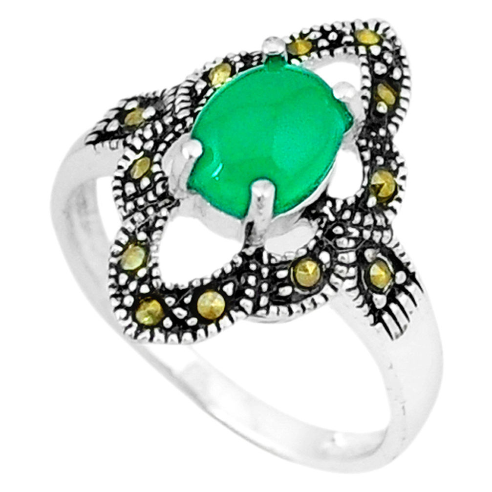 Natural green chalcedony marcasite 925 silver ring jewelry size 6.5 c17650