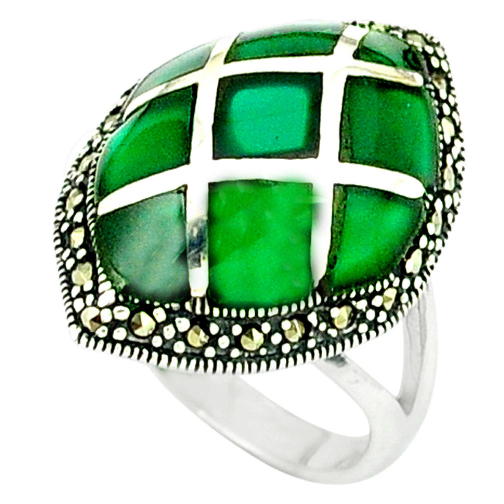 Natural green chalcedony marcasite 925 silver ring jewelry size 8.5 c16326