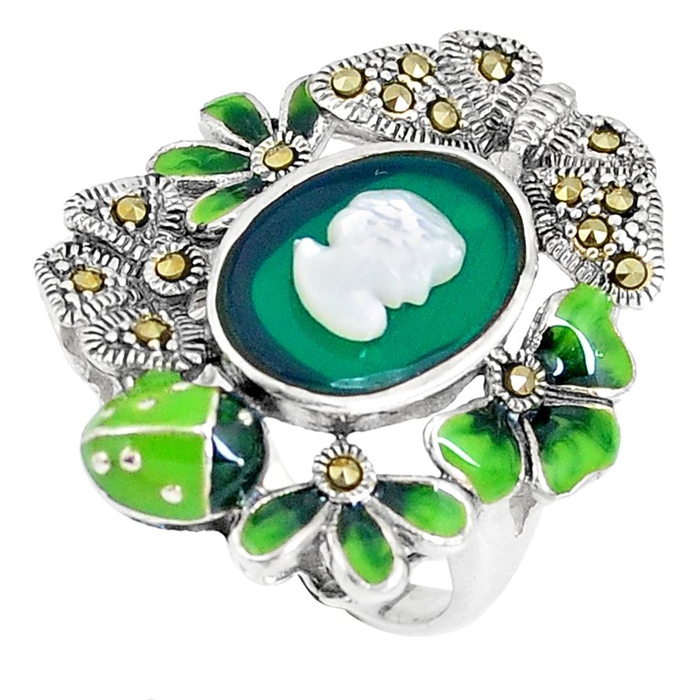 Natural green chalcedony pearl enamel 925 silver lady face ring size 6.5 c16247