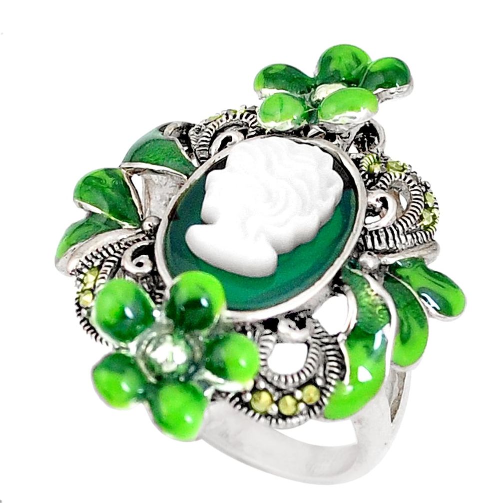 Natural green chalcedony pearl enamel 925 silver lady face ring size 7.5 c21405